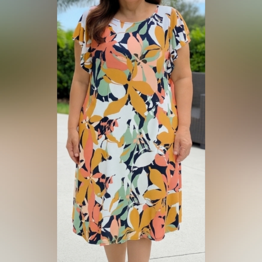 ANNE KLEIN floral Vacation Tropical Colorful Bohemian Hawaiian Summer Midi Dress